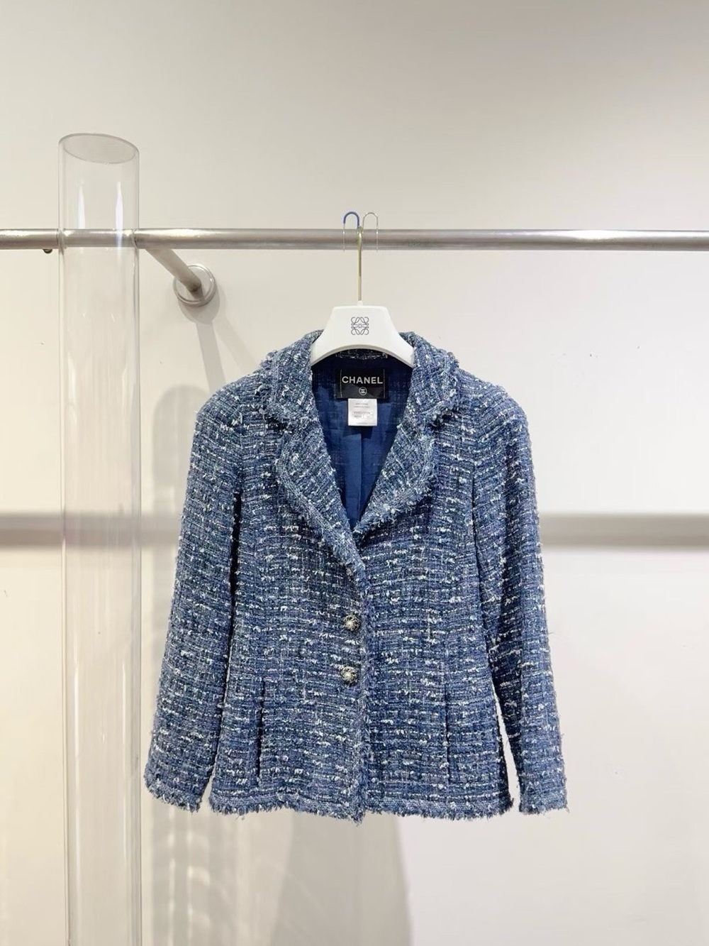 CHANEL Blue Tweed Frayed-Trim Jacket